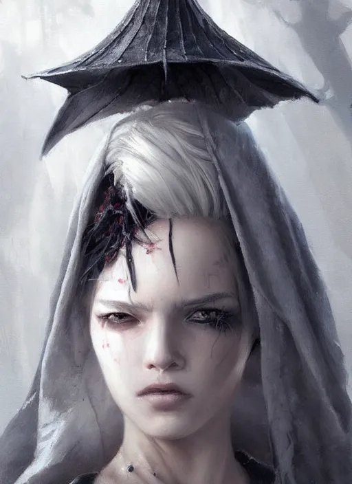 Image similar to girl with short white hair, tattered grey cloak, metallic asian conical hat, beautiful highly detailed face, beautiful painting by artgerm and greg rutkowski and raymond swanland