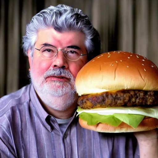 Prompt: a cheeseburger eating george lucas