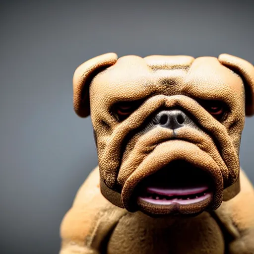 Image similar to funko pop doll of a terrifying lovecraftian giant mechanized bulldog taken in a light box with studio lighting, some background blur