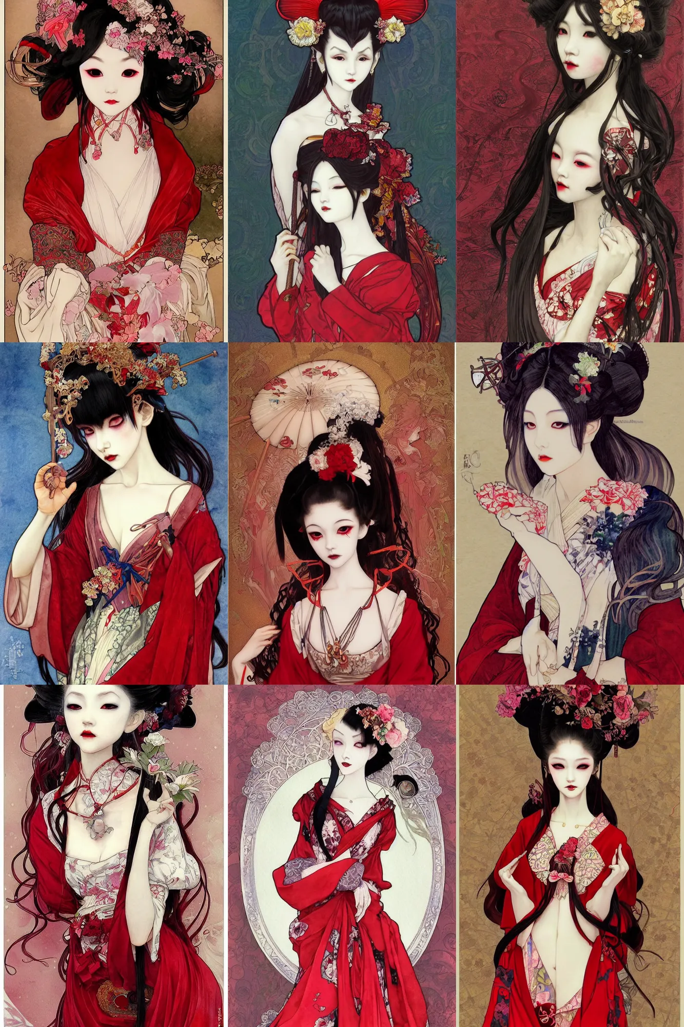 Prompt: watercolor painting of a beatiful japanese bjd geisha vampire witch with a long neck in a victorian lolita fashion red dress in the style of dark - fantasy painted by alphonse mucha, amy sol, nekro, dmt art, symmetrical vogue face portrait, intricate detail, artstation, artgerm, rococo