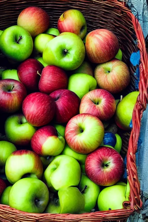 Image similar to a basket full of apples that are blue