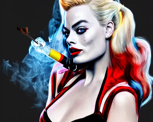 Image similar to Margot Robbie as a harley quinn smoking a cigarette, smoke cloud, cinematic, 4k digital art, highly detailed