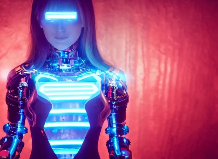 Image similar to a 3 5 mm photo of a cybernetic woman with led lights and neon with chrome details, splash art, movie still, bokeh, canon 5 0 mm, cinematic lighting, dramatic, afrofuturism, film, photography, golden hour, depth of field, award - winning, anamorphic lens flare, 8 k, hyper detailed, 3 5 mm film grain