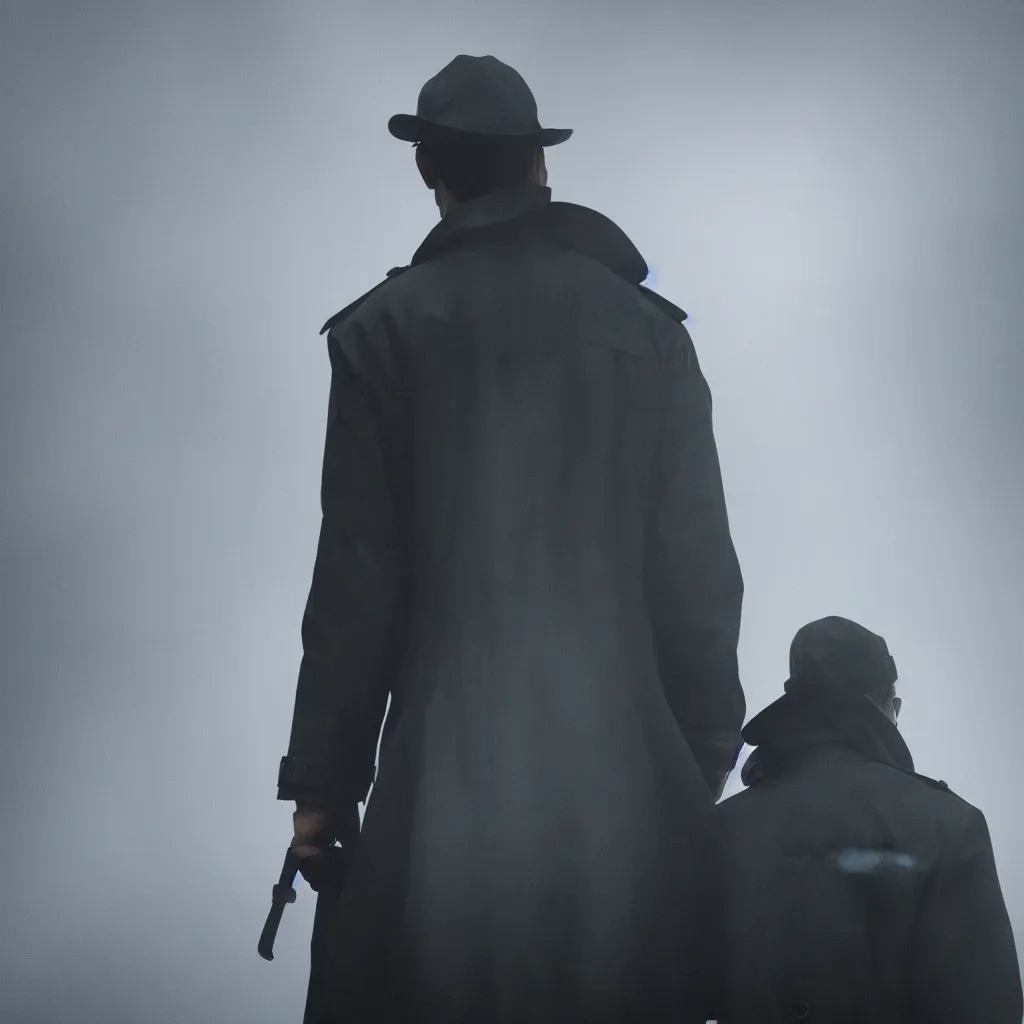 Prompt: ONE SINGLE detective in trench coat looking away from the camera, cyberpunk, futuristic, technology , cinematic lighting, depth of field, highly detailed, volumetric fog, dark, moody, gritty