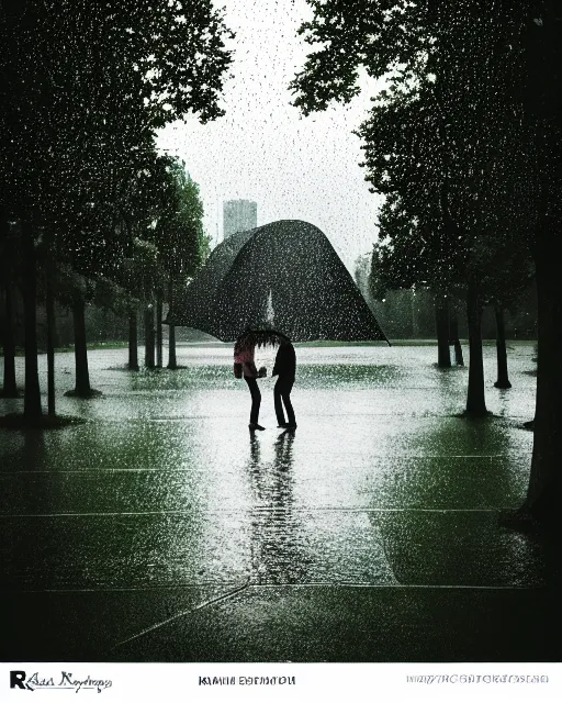 Prompt: raindrops, rain, square, park, lake, man and woman under a black umbrella, trees, kiss, paths, lake.