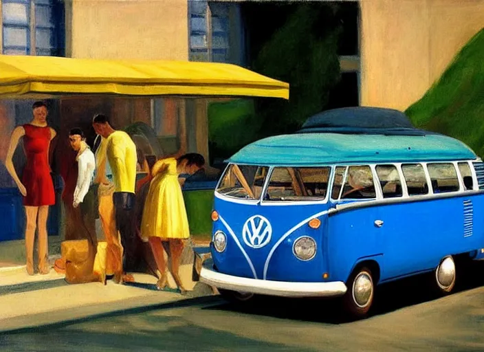 Image similar to painting, two young men and women in front of blue vw bus, by edward hopper, bernardo bertolucci dreamers movie scene