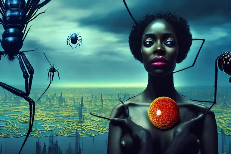 Image similar to realistic detailed photorealistic film portrait shot of a beautiful black woman with a giant spider, sci-fi city landscape background by Denis Villeneuve, Amano, Yves Tanguy, Alphonse Mucha, Ernst Haeckel, Andrei Tarkovsky, Edward Robert Hughes, Roger Dean, necklace, dynamic pose, rich moody colours, wide angle, blue eyes