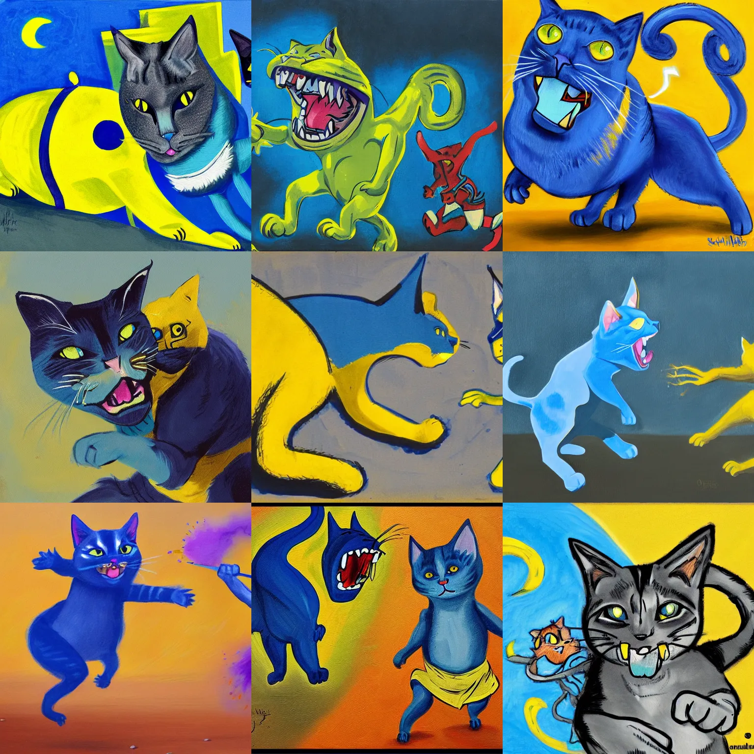 Prompt: painting of a blue and yellow cat chasing an orc, vibrant, captivating