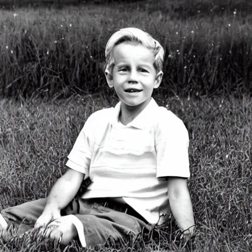 Prompt: young joe biden, sitting in an open field of grass, relaxing