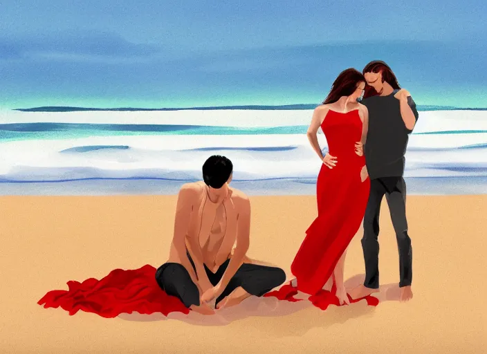 Image similar to couple, man and woman on the beach in couple vol 2 photo reference pack for artists - 2 2 0 jpegs pose, spirit hugs, gold trim, atmoshperic, elegant, sharp focus, sand sea, red sun, huge lips, by by satine zillah, trending on artstation, intricate details