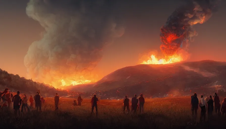 Image similar to people on a hill watching humongous explosion in the distance, fire, ashes and smoke columns at night, hyperdetailed, artstation, cgsociety, 8 k