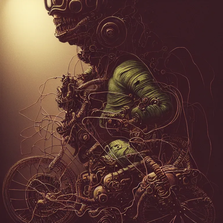 Image similar to doom motorbiker, covered with wires, by beksinski, psychedelic trippy visionary art, soft bloom lucid dream - like atmosphere, baroque painting, perfect composition, detailed octane render trending on artstation, 8 k artistic photography, volumetric cinematic perfect light, chiaroscuro, masterpiece, raphael, caravaggio, beksinski, rutkowski, beeple