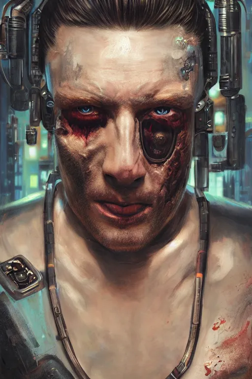 Image similar to illustration of an male cyberpunk character wearing bionic implants, criminal mugshot, gritty, gritty, highly detailed, oil on canvas, soft lighting, pastel colors, by WLOP and Greg Staples, HD, 4K