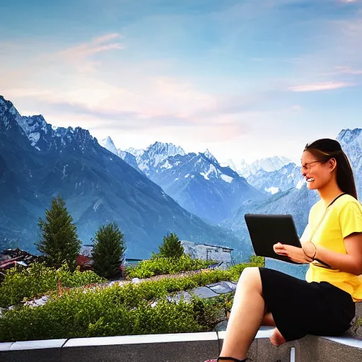 Prompt: digital drawing of a female software developer sitting outside in front of a modern campus building with beautiful mountains in the background, summer, alps, 4k, unreal, digital health, cartoon