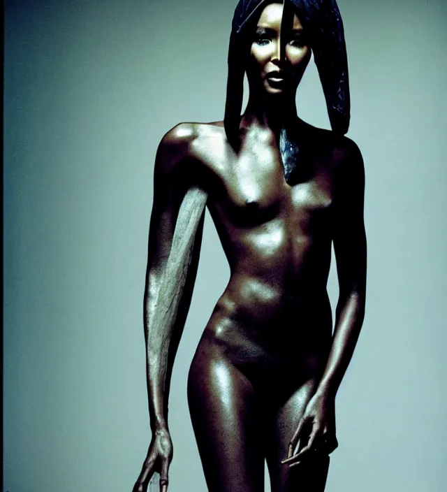 Prompt: scifi film scene from riddley scott, starring naomi campbell looking fragile and dressed by some organic cloth from iris van herpen, with stylish makeup. intriguing soft back lighting, geisha tattoo, highly detailed, skin grain detail, photography by paolo roversi, nick knight, helmut newton, avedon, araki