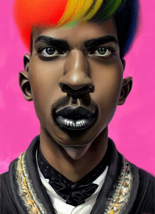 Image similar to portrait of a wide faced black man with a crooked nose and a confident expression, 1 9 6 0 s, black clothes, goth, punk, brightly coloured hair, funk, intricate, elegant, highly detailed, digital painting, artstation, concept art, smooth, sharp focus, illustration, art by wlop, mars ravelo and greg rutkowski