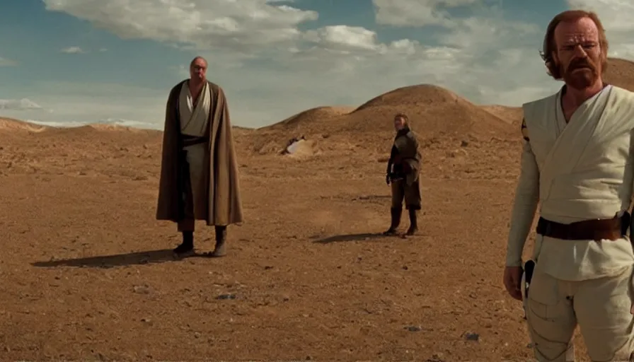 Image similar to screenshot from the lost star wars film, the lost jedi, scene of saul goodman talking to walter white, iconic scene from star wars, directed by stanely kubrick, moody cinematography, with anamorphic lenses, crisp, detailed, 4 k