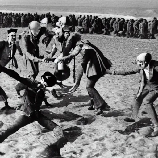 Image similar to circus clowns storming the beaches of normandy