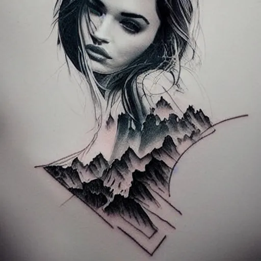 Image similar to tattoo design sketch with double exposure effect, megan fox face faded with beautiful mountain scenery, in the style of matteo pasqualin, amazing detail