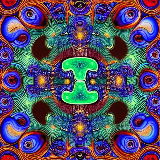 Image similar to cookie monster becomes a fractal, painted by alex grey. psychedelic visionary art, cosmic, black background, highly detailed, sharp focus