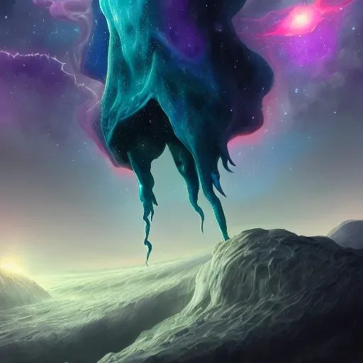 Image similar to gigantic eldritch creature floating in space with a nebula in the background, digital art, artstation, detailed, realistic