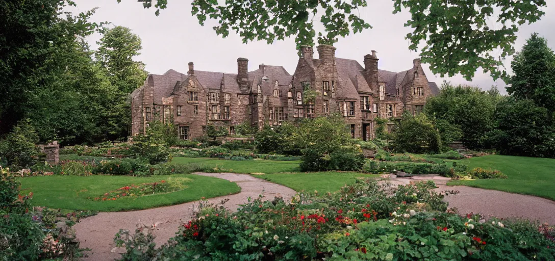 Image similar to scottish blackhouse mansion designed by daniel burnham. outdoor landscaping designed by fredrick law olmsted. fujinon premista 1 9 - 4 5 mm t 2. 9. portra 8 0 0.