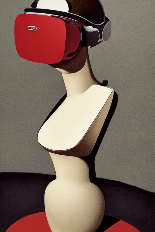Prompt: cinematic portrait of a mannequin wearing an Oculus VR headset by Giorgio de Chirico. Centered, uncut, unzoom. charachter illustration, ultra realistic, zenith view, polished. artstation, cgsociety, unreal engine, ray tracing, hd, 4k, digital art, overdetailed art. visionary concept art. Dslr, tiltshift, dof. 64megapixel. complementing colors. Trending on artstation, deviantart