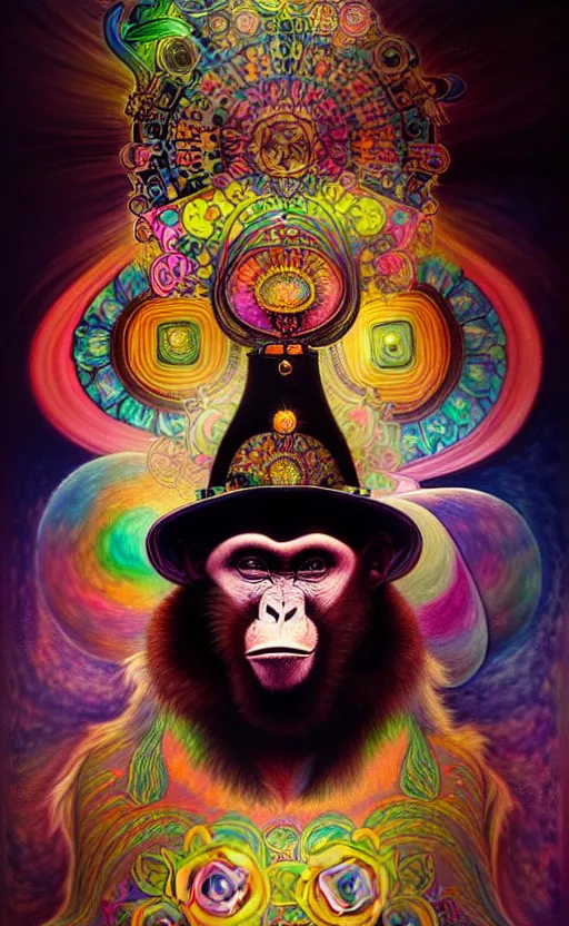 Image similar to An extremely psychedelic celestial Monkey in his black fedora hat, colorful, surreal, dramatic lighting, magic mushrooms, psilocybin, LSD, face, detailed, intricate, elegant, highly detailed, digital painting, artstation, concept art, smooth, sharp focus, illustration, art by Krenz Cushart and Artem Demura and alphonse mucha