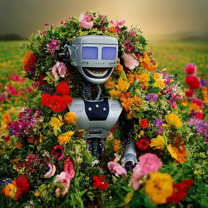 Image similar to closeup portrait of a robot wearing a cloak made of flowers and rainbows, in an empty field, by Annie Leibovitz and Steve McCurry, natural light, detailed face, CANON Eos C300, ƒ1.8, 35mm, 8K, medium-format print