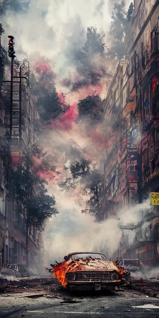 Image similar to post - apocalyptic kreuzberg streets covered in colorful smoke, burned cars, explosions, hyperrealistic, gritty, damaged, dark, urban photography, photorealistic, high details