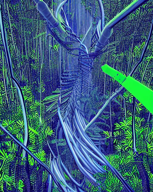 Prompt: a perspective piece of power cables going through a jungle, epic digital art