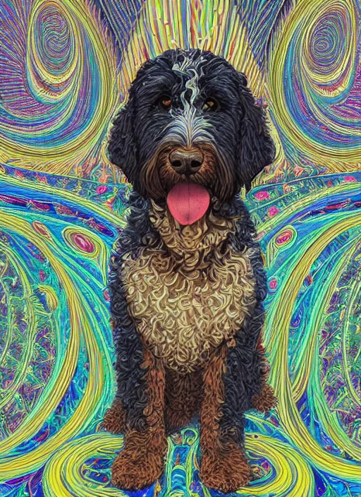 Prompt: a intricate ornate psychedelic image of a bernedoodle dog, art by alex grey, maxim shkret, psychedelic art, visionary art, fractalism, fractals, sacred geometry, trending on artstation, hyperrealistic, highly detailed, cgsociety, octane render, vray, 3 d