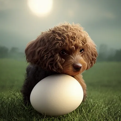 Prompt: brown cavoodle with an egg on its head, cinematic photography, trending on artstation,