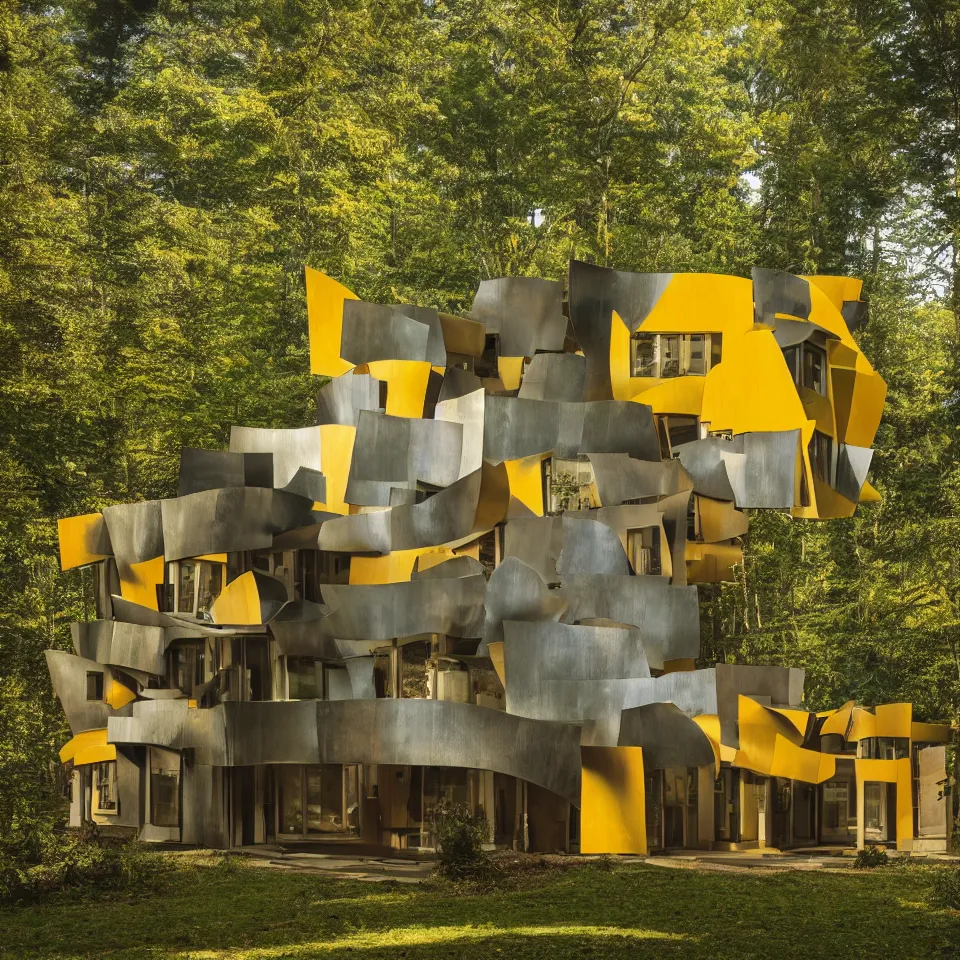 Image similar to architecture ad for a simple house in the forest, designed by Frank Gehry. Big Tiles. Film grain, cinematic, yellow hue