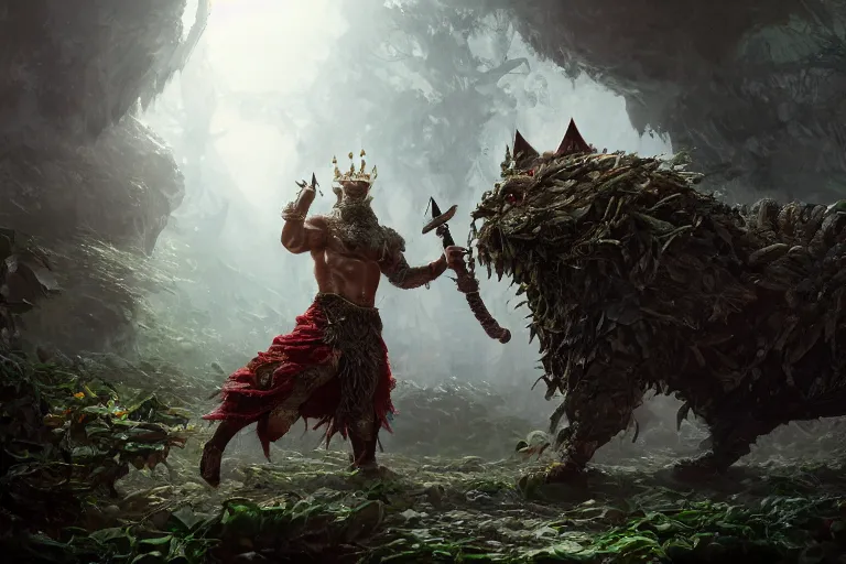 Image similar to a muscular tunesian man wearing shrubbery armor fighting a fluffy cat king with a crown and a scepter and cape, fantasy, digital painting, volumetric light, intricate, sharp, focus, bloom, illustration, highly detailed, concept art, matte, ruan jia, randy vargas, greg rutkowski