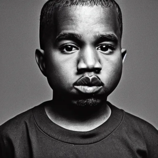 Image similar to the face of young kanye west wearing yeezy clothing at 6 years old, black and white portrait by julia cameron, chiaroscuro lighting, shallow depth of field, 8 0 mm, f 1. 8