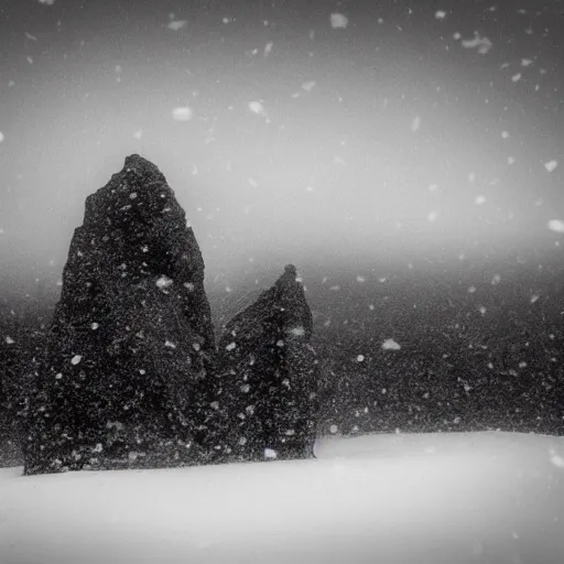 Prompt: a monolithic mountain in a taiga. overcast sky, snowing.