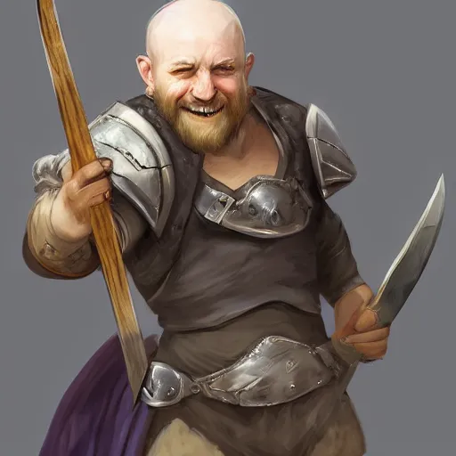 Prompt: duergar male child character portrait with pale purple skin, by Ruan Jia, shabby clothes, leather pouch, wielding kitchen knife, smiling, youthful, dungeons and dragons, digital art