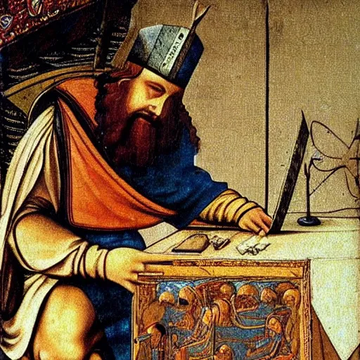 Image similar to attila the hun using imac desktop pc to send emails but is getting visibly annoyed at technology da vinci style painting