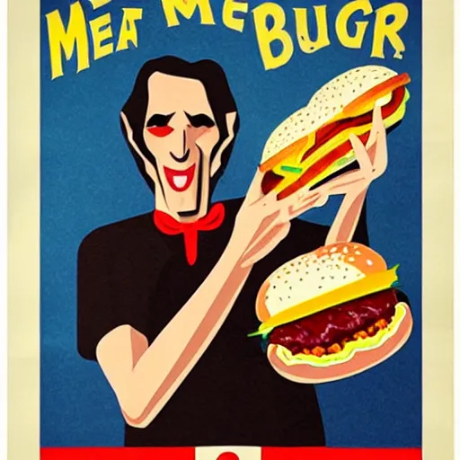 Prompt: old poster of a vampire holding a big meaty burger