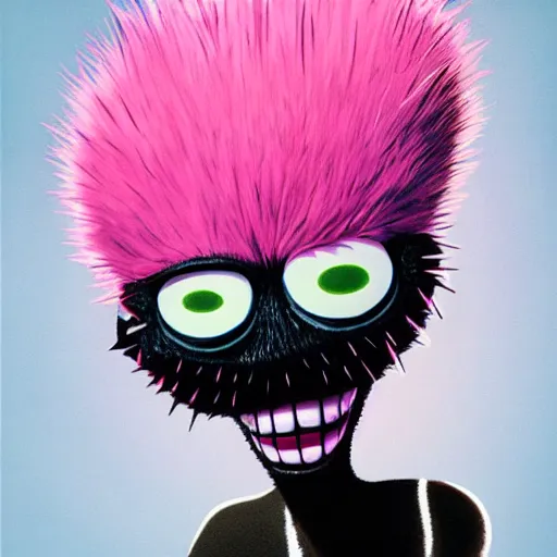 Image similar to a pink punk rock alien with black spiked hair, an airbrush painting by Jamie Hewlett, cgsociety, symbolism, antichrist, aesthetic, 8k