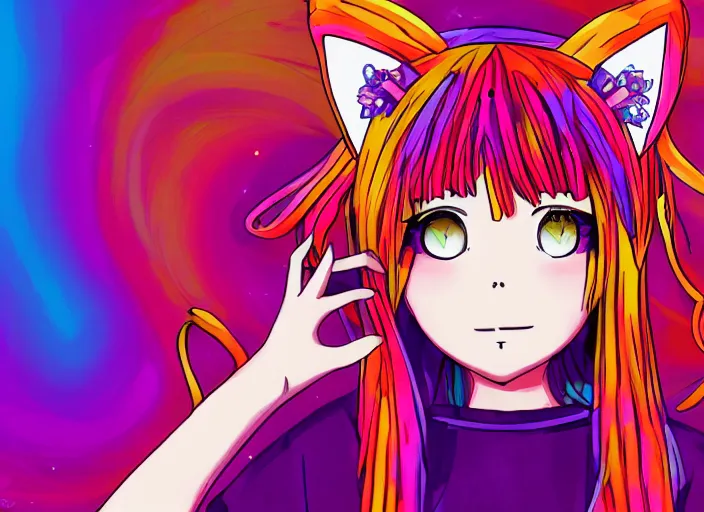 Prompt: girl with cat ears, anime style, hippie, psychedelic, lsd, digital drawing, trending on artstation, 4 k wallpaper