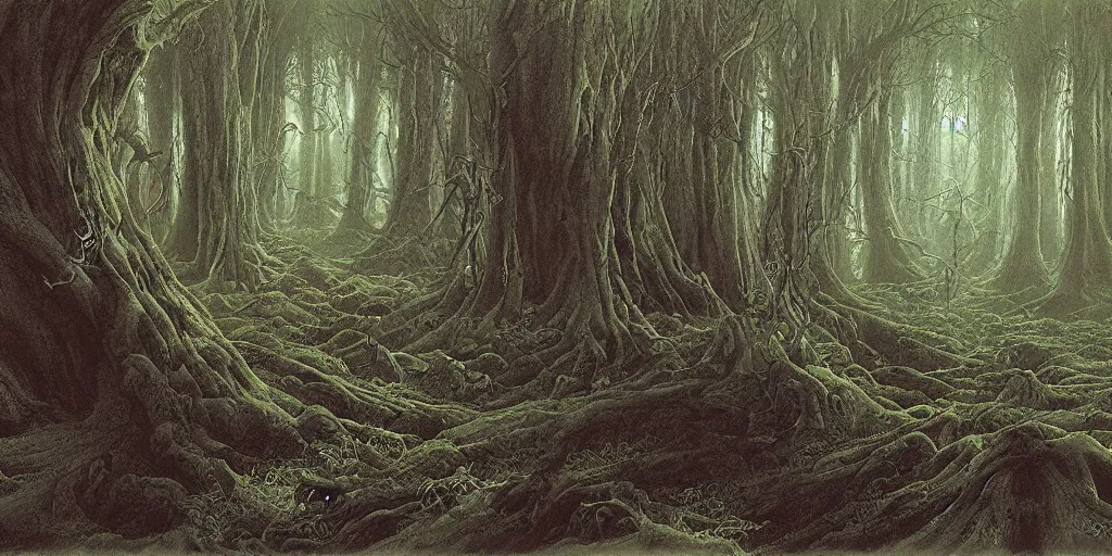 Image similar to Artwork by John Howe of the cinematic view of the Woodland of the Dark Lord.