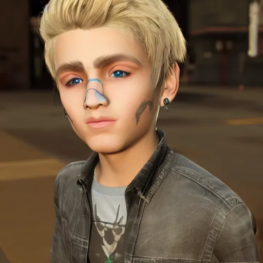 Image similar to detailed unreal engine 5 render of a blonde boy with face tattoos