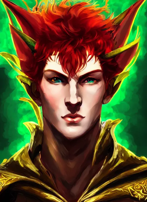 Image similar to Half body portrait of a handsome young red haired elven monk prince with dragon eyes, red, green and gold ornate robe. In style of Yoji Shinkawa and Hyung-tae Kim, trending on ArtStation, dark fantasy, great composition, concept art, highly detailed.