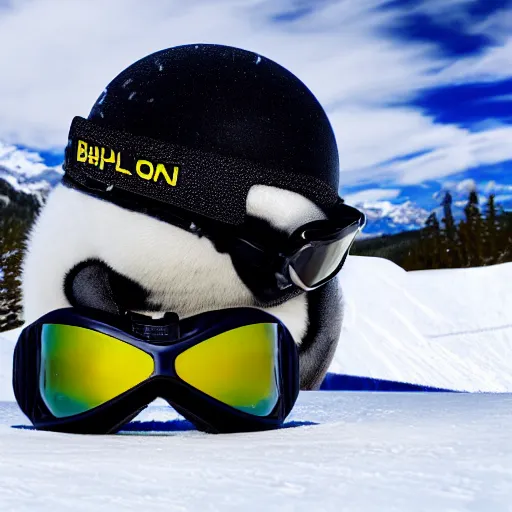 Prompt: ultrawide angle photograph of a snowboarding penguin wearing a helmet and snow goggles. the snowboard is made by burton. extremely detailed hyperrealistic photo, 8 k