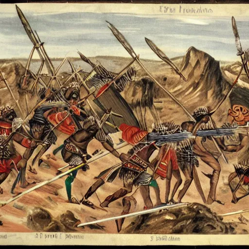 Image similar to war of natives with spears and rocks