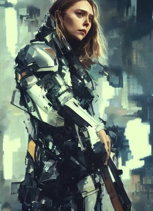 Image similar to Elizabeth Olsen wearing metal gear armor holding a shotgun dramatic lighting art by Yoji Shinkawa by Richard Schmid by greg rutkowski by Sandra Chevrier by Jeremy Lipking cinematic dramatic