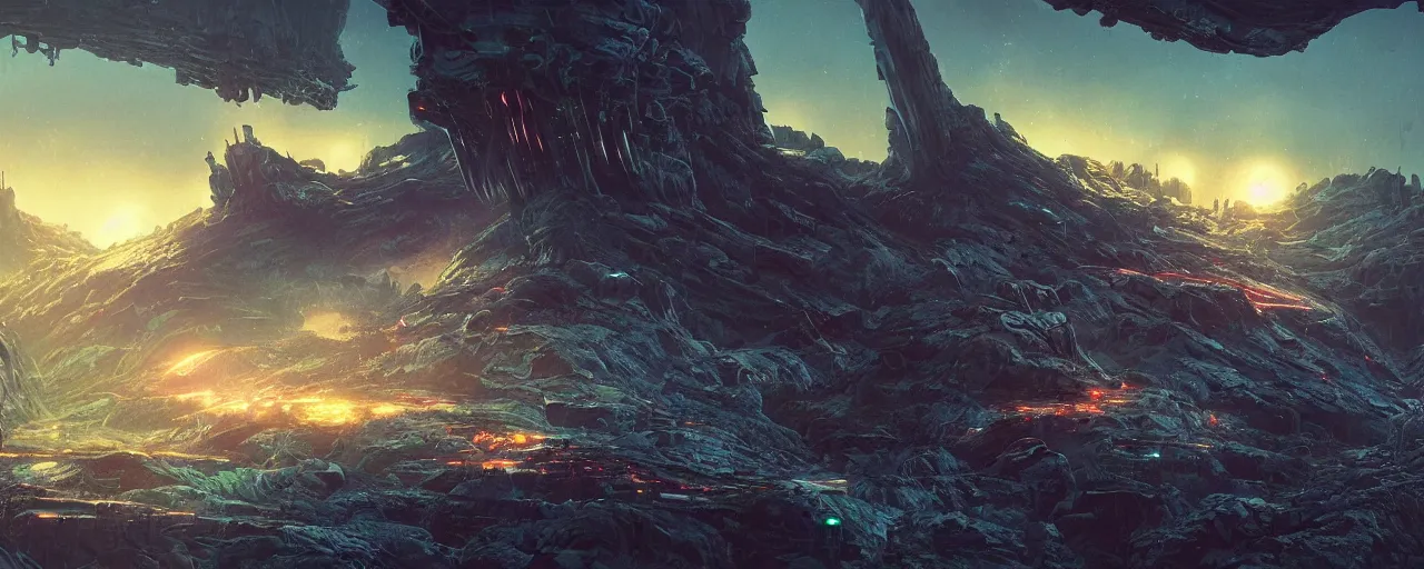 Prompt: ” mysterious and intimidating alien landscape, [ dangerous, cinematic, detailed, epic, widescreen, opening, establishing, mattepainting, photorealistic, realistic textures, octane render, art by slop and paul lehr ] ”