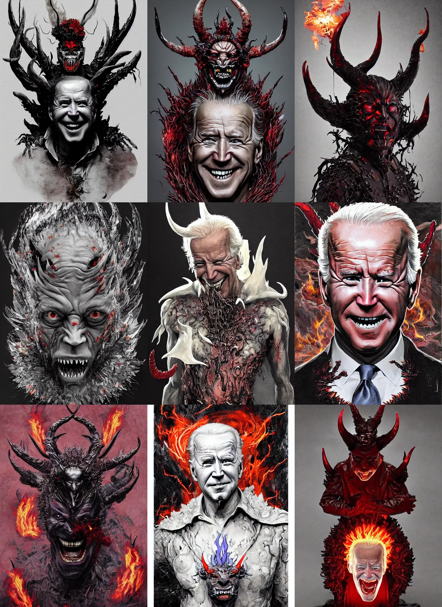 Prompt: joe biden as the devil with horns coming out of his head and fangs dressed by Wanda Borges with flames, carved from opal by tsutomu nihei, emil melmoth, zdzislaw belsinki, Craig Mullins, yoji shinkawa, trending on artstation, flowers of hope by Jean-Honoré Fragonard, Peter mohrbacher, hyper detailed, insane details, intricate, elite, art nouveau, ornate, liquid wax, elegant, luxury, full body, lovely, romantic, passionate, CGsociety, hypermaximalist, golden ratio, environmental key art, octane render, weta digital, ray trace, 8k, symmetrical